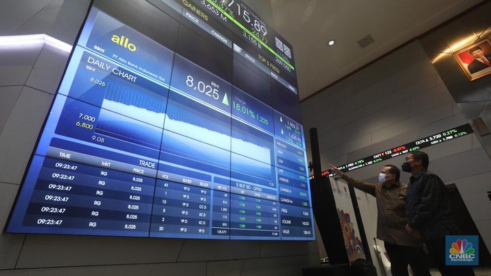 Harga saham emiten bank digital PT Allo Bank Indonesia Tbk (BBHI) melonjak pada awal perdagangan hari ini, Selasa (11/1/2022). Kenaikan saham BBHI terjadi seiring pengusaha nasional Chairul Tanjung (CT), yang merupakan ultimate shareholder Allo Bank, membuka perdagangan di Bursa Efek Indonesia (BEI). (CNBC Indonesia/Andrean Kristianto) Harga saham emiten bank digital PT Allo Bank Indonesia Tbk (BBHI) melonjak pada awal perdagangan hari ini, Selasa (11/1/2022). Kenaikan saham BBHI terjadi seiring pengusaha nasional Chairul Tanjung (CT), yang merupakan ultimate shareholder Allo Bank, membuka perdagangan di Bursa Efek Indonesia (BEI). (CNBC Indonesia/Andrean Kristianto)