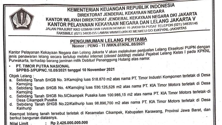 Direktorat Jenderal Kekayaan Negara (DJKN) Kementerian Keuangan melelang aset milik Hutomo Mandala Putra atau dikenal Tommy Soeharto pada Rabu, (12/1/2022) di Purwakarta, Jawa Barat. (Tangkapan layar https://www.lelang.go.id.)