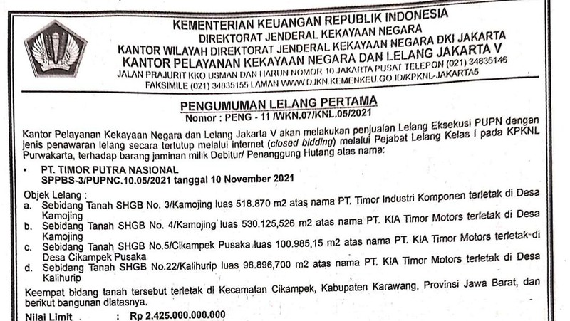 Direktorat Jenderal Kekayaan Negara (DJKN) Kementerian Keuangan melelang aset milik Hutomo Mandala Putra atau dikenal Tommy Soeharto pada Rabu, (12/1/2022) di Purwakarta, Jawa Barat. (Tangkapan layar https://www.lelang.go.id.)