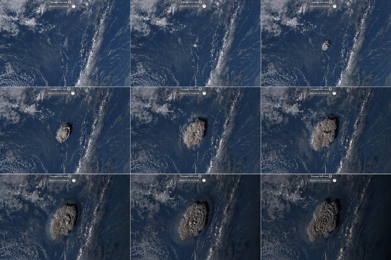 Satelit cuacamenunjukkan sebelum letusan gunung berapi bawah laut di negara Pasifik Tonga Gambar Planet SkySat pada 7 Januari 2022 menunjukkan kepulan asap mengepul dari gunung berapi bawah laut Hunga Tonga-Hunga Ha'apai beberapa hari sebelum letusannya pada 15 Januari, di Hunga Tonga-Hunga Ha'apai. (Planet Labs PBC/via REUTERS)