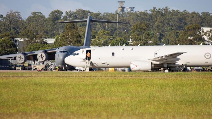 A Royal Australian Air Force P-8 Poseidon aircraft departs RAAF Base Amberley, Queensland to assess the damage to Tonga after the eruption of an underwater volcano triggered a tsunami and blanketed the Pacific island with ash, in Amberley, Australia January 17, 2022. LACW Emma Schwenke/Australian Department of Defence/Handout via REUTERS ATTENTION EDITORS - THIS IMAGE WAS PROVIDED BY A THIRD PARTY. NO RESALES. NO ARCHIVE.