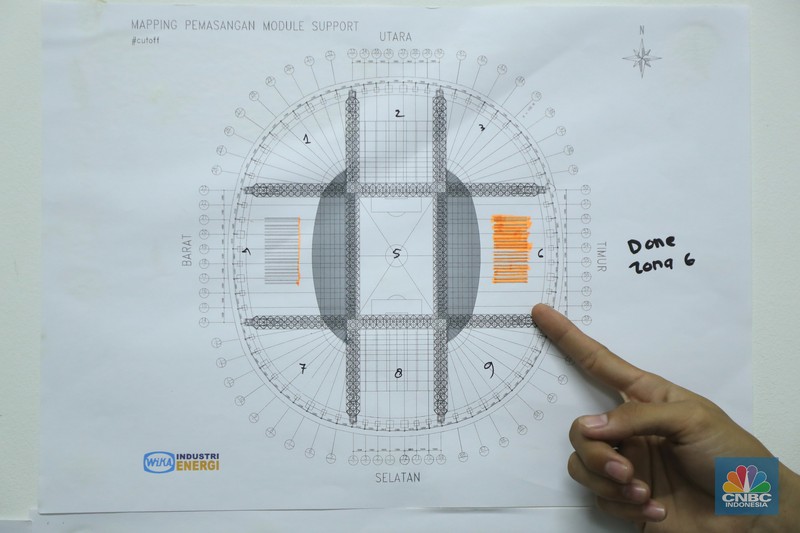 Pekerja mengangkat panel surya di atas atap Stadion  Jakarta Internasional Stadium (JIS) di Jakarta, Selasa (18/1/2022).  (CNBC Indonesia/Tri Susilo)
