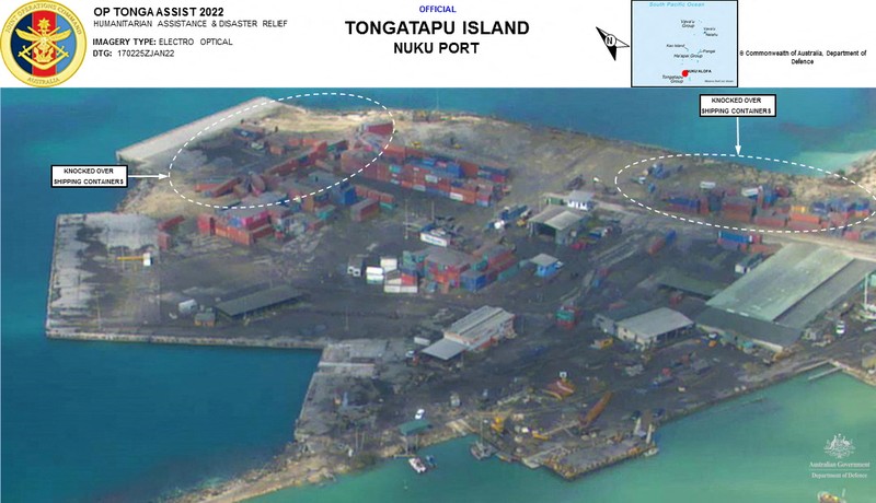 TONGA-VOLCANO/ A general view from a New Zealand Defence Force P-3K2 Orion surveillance flight shows heavy ash fall over Nomuka in Tonga after the Pacific island nation was hit by a tsunami triggered by an undersea volcanic eruption January 17, 2022. Picture taken January 17, 2022. New Zealand Defence Force/Handout via REUTERS ATTENTION EDITORS - THIS IMAGE WAS PROVIDED BY A THIRD PARTY. NO RESALES. NO ARCHIVE.