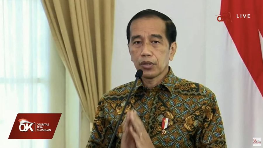 Presiden RI, Jokowi memberi pidato di acara Pertemuan Tahunan Industri Jasa Keuangan 2022 dan Peluncuran Taksonomi Hijau Indonesia di Istana Kepresidenan Bogor, Kamis,20/1/2022. (Tangkapan Layar Youtube OJK)
