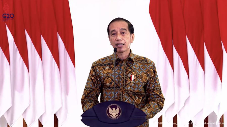 Presiden RI Jokowi memberi pidato di acara Pertemuan Tahunan Industri Jasa Keuangan dan Peluncuran Taksonomi Hijau, 20 Januari 2022. (Tangkapan Layar Youtube Sekretariat Presiden RI)