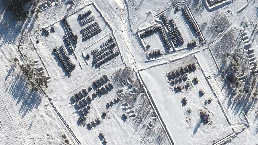 This satellite image provided by Maxar Technologies shows battle group deployments at the Pogonovo training area in Voronezh, Russia, Wednesday, Jan. 19, 2022. President Joe Biden said Wednesday, Jan. 19, he thinks Russia will invade Ukraine and warned President Vladimir Putin that his country would pay a “dear price” in lives lost and a possible cutoff from the global banking system if it does. (Maxar Technologies via AP)