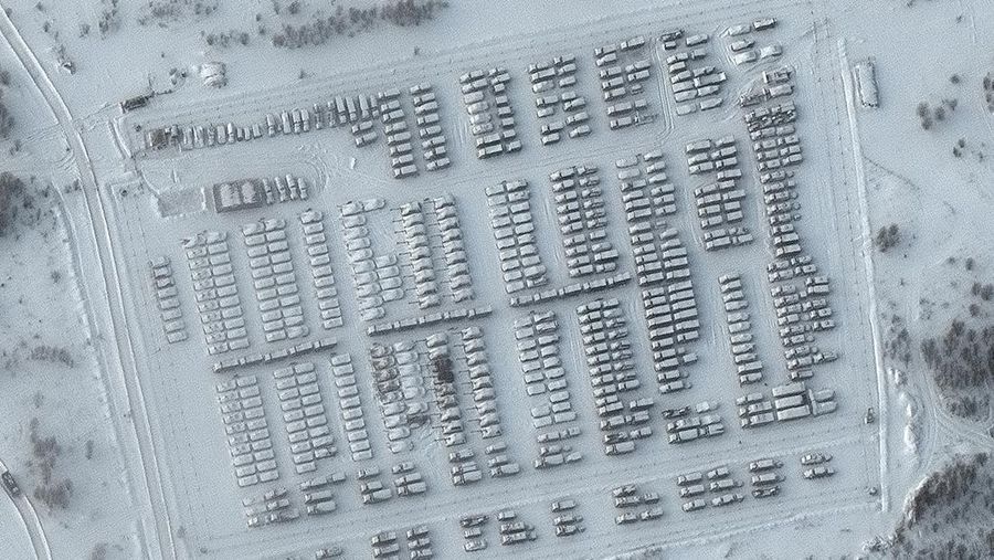 This satellite image provided by Maxar Technologies shows battle group deployments at the Pogonovo training area in Voronezh, Russia, Wednesday, Jan. 19, 2022. President Joe Biden said Wednesday, Jan. 19, he thinks Russia will invade Ukraine and warned President Vladimir Putin that his country would pay a “dear price” in lives lost and a possible cutoff from the global banking system if it does. (Maxar Technologies via AP)