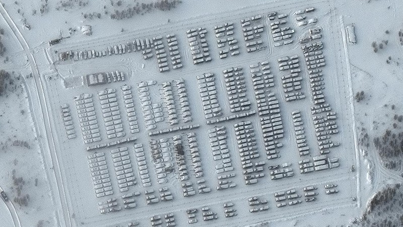 This satellite image provided by Maxar Technologies shows battle group deployments at the Pogonovo training area in Voronezh, Russia, Wednesday, Jan. 19, 2022. President Joe Biden said Wednesday, Jan. 19, he thinks Russia will invade Ukraine and warned President Vladimir Putin that his country would pay a “dear price” in lives lost and a possible cutoff from the global banking system if it does. (Maxar Technologies via AP)