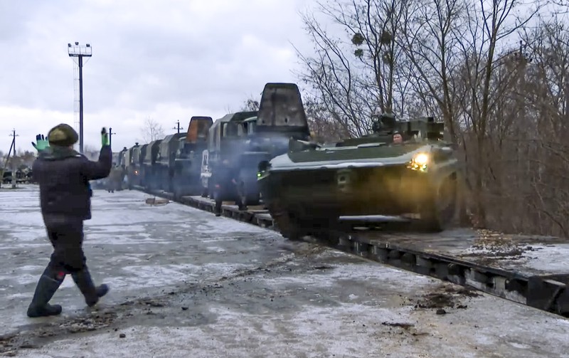 This satellite image provided by Maxar Technologies shows battle group deployments at the Pogonovo training area in Voronezh, Russia, Wednesday, Jan. 19, 2022. President Joe Biden said Wednesday, Jan. 19, he thinks Russia will invade Ukraine and warned President Vladimir Putin that his country would pay a “dear price” in lives lost and a possible cutoff from the global banking system if it does. (Maxar Technologies via AP)