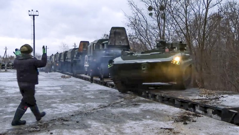 This satellite image provided by Maxar Technologies shows battle group deployments at the Pogonovo training area in Voronezh, Russia, Wednesday, Jan. 19, 2022. President Joe Biden said Wednesday, Jan. 19, he thinks Russia will invade Ukraine and warned President Vladimir Putin that his country would pay a “dear price” in lives lost and a possible cutoff from the global banking system if it does. (Maxar Technologies via AP)