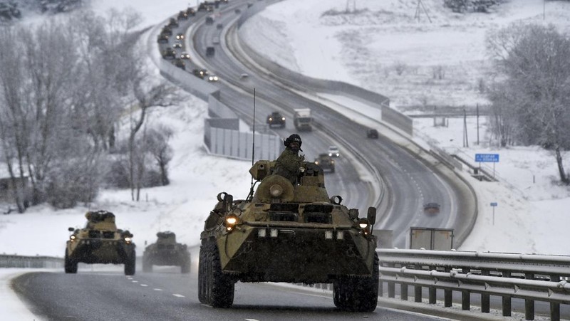 This satellite image provided by Maxar Technologies shows battle group deployments at the Pogonovo training area in Voronezh, Russia, Wednesday, Jan. 19, 2022. President Joe Biden said Wednesday, Jan. 19, he thinks Russia will invade Ukraine and warned President Vladimir Putin that his country would pay a “dear price” in lives lost and a possible cutoff from the global banking system if it does. (Maxar Technologies via AP)