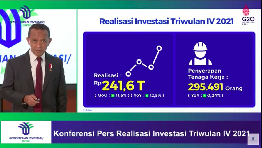 Menteri Investasi/Kepala BKPM, Bahlil Lahadalia Saat Konferensi Pers Realisasi Investasi Triwulan IV 2021. (Tangkapan Layar Youtube BKPM TV)