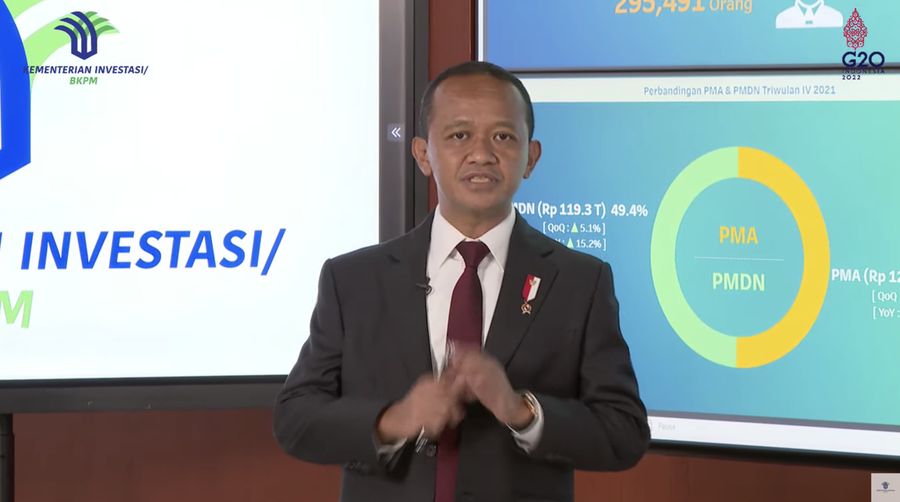 Menteri Investasi/Kepala BKPM, Bahlil Lahadalia Saat Konferensi Pers Realisasi Investasi Triwulan IV 2021. (Tangkapan Layar Youtube BKPM TV)