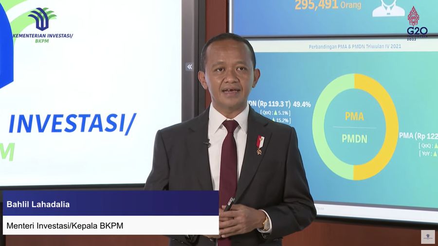 Menteri Investasi/Kepala BKPM, Bahlil Lahadalia Saat Konferensi Pers Realisasi Investasi Triwulan IV 2021. (Tangkapan Layar Youtube BKPM TV)