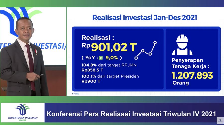 Menteri Investasi/Kepala BKPM, Bahlil Lahadalia Saat Konferensi Pers Realisasi Investasi Triwulan IV 2021. (Tangkapan Layar Youtube BKPM TV)