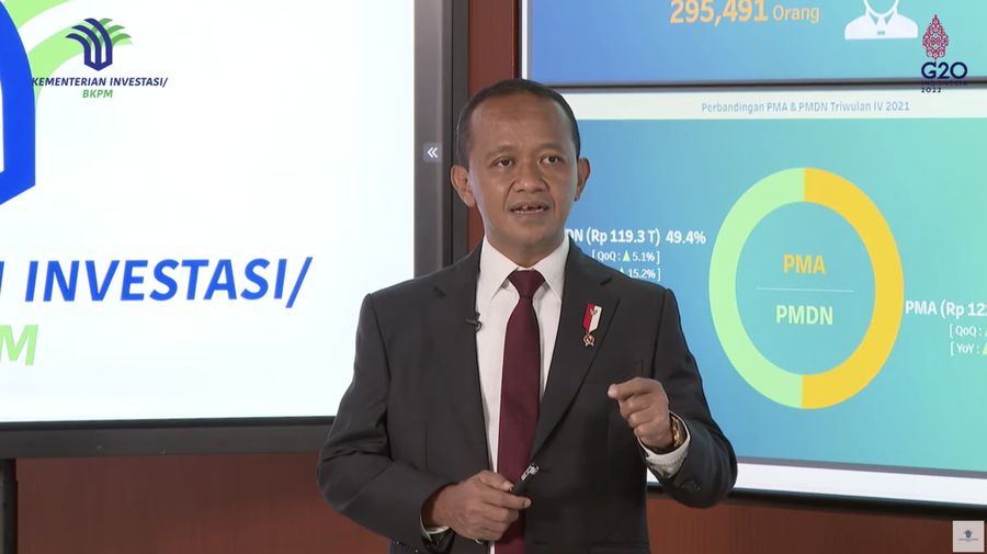 Menteri Investasi/Kepala BKPM, Bahlil Lahadalia Saat Konferensi Pers Realisasi Investasi Triwulan IV 2021. (Tangkapan Layar Youtube BKPM TV)