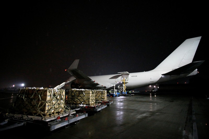 Military aid, delivered as part of the United States' security assistance to Ukraine, is unloaded from a plane at the Boryspil International Airport outside Kyiv, Ukraine, February 5, 2022. REUTERS/Valentyn Ogirenko