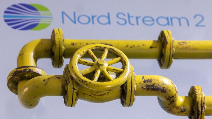 UKRAINE-CRISIS/ENERGY 3D printed Natural Gas Pipes are placed on displayed Nord Stream 2 logo in this illustration taken, January 31, 2022. REUTERS/Dado Ruvic/Illustration