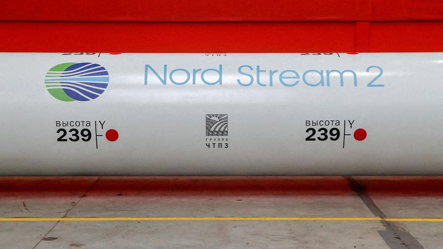 FILE PHOTO: The logo of the Nord Stream 2 gas pipeline project is seen on a large diameter pipe at the Chelyabinsk Pipe Rolling Plant owned by ChelPipe Group in Chelyabinsk, Russia, February 26, 2020. REUTERS/Maxim Shemetov//File Photo