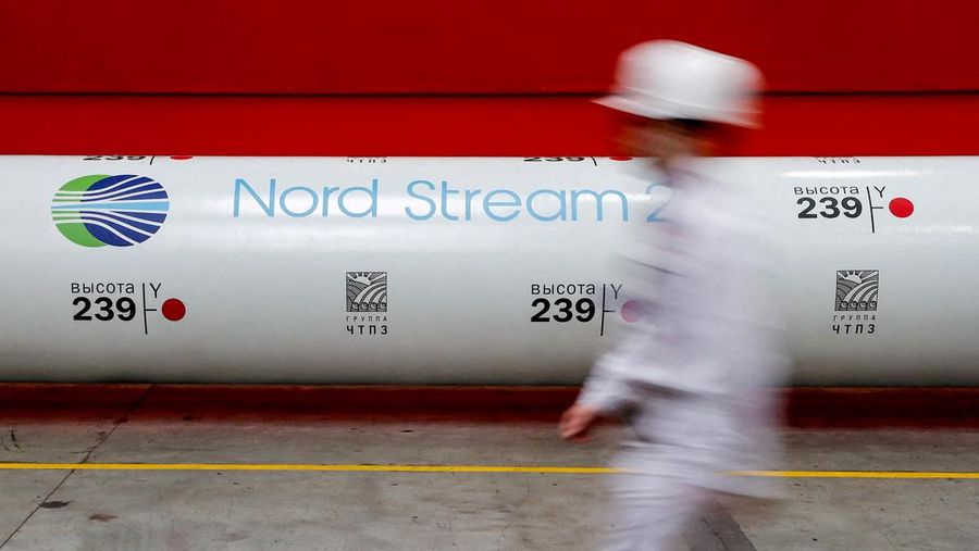 FILE PHOTO: The logo of the Nord Stream 2 gas pipeline project is seen on a pipe at the Chelyabinsk pipe rolling plant in Chelyabinsk, Russia, February 26, 2020. REUTERS/Maxim Shemetov/File Photo
