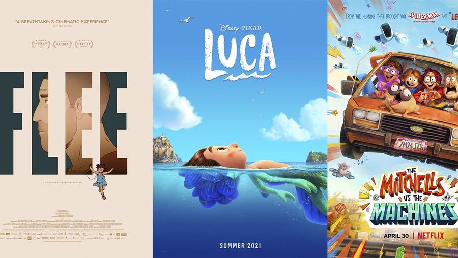 This combination of photos shows promotional art for the films nominated for the Oscar for best animated feature, from left, 