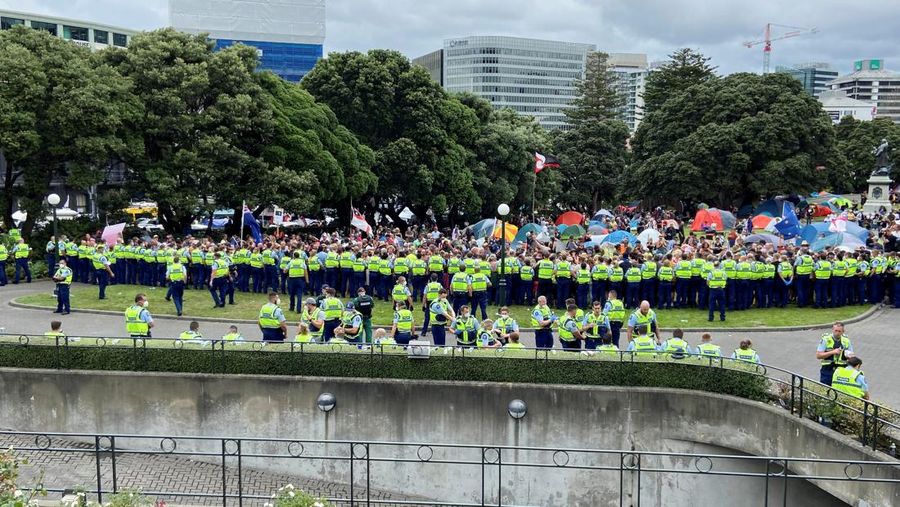 A vehicle with a picture of New Zealand's Prime Minister Jacinda Ardern is seen as Anti-vaccine mandate protesters gather to demonstrate in front of the parliament in Wellington, New Zealand, February 10, 2022. REUTERS/Praveen Menon