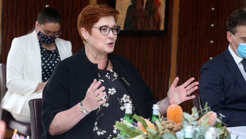 Menteri Luar Negeri AS Antony Blinken berbicara dengan Menteri Luar Negeri Australia Marise Payne selama pertemuan di Melbourne, Australia 11 Februari 2022. (Hamish Blair/Pool via REUTERS REUTERS)