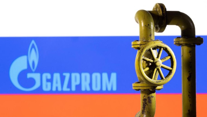 A 3D printed natural gas pipeline is placed in front of displayed Gazprom logo and Russian flag in this illustration taken February 8, 2022. REUTERS/Dado Ruvic/Illustration