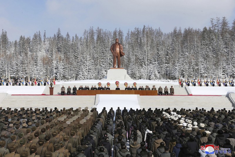 In this photo provided by the North Korean government, fireworks are shot off over Samjiyon, North Korea, Tuesday, Feb. 15, 2022, to celebrate the 80th birth anniversary of North Korea's late leader Kim Jong Il's birthday. Independent journalists were not given access to cover the event depicted in this image distributed by the North Korean government. The content of this image is as provided and cannot be independently verified. Korean language watermark on image as provided by source reads: 