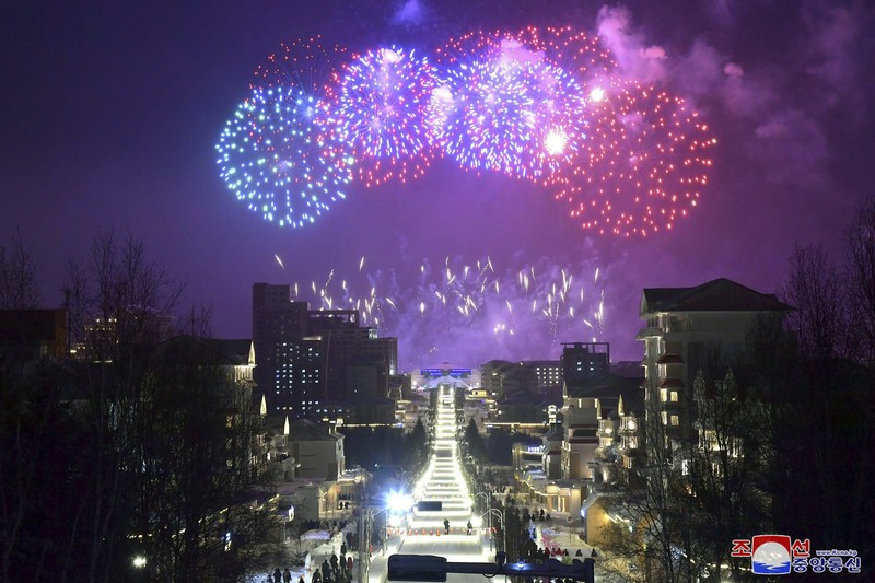 North Korea Birth Anniversary In this photo provided by the North Korean government, fireworks are shot off over Samjiyon, North Korea, Tuesday, Feb. 15, 2022, to celebrate the 80th birth anniversary of North Korea's late leader Kim Jong Il's birthday. Independent journalists were not given access to cover the event depicted in this image distributed by the North Korean government. The content of this image is as provided and cannot be independently verified. Korean language watermark on image as provided by source reads: