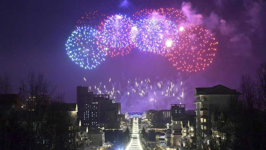 In this photo provided by the North Korean government, fireworks are shot off over Samjiyon, North Korea, Tuesday, Feb. 15, 2022, to celebrate the 80th birth anniversary of North Korea's late leader Kim Jong Il's birthday. Independent journalists were not given access to cover the event depicted in this image distributed by the North Korean government. The content of this image is as provided and cannot be independently verified. Korean language watermark on image as provided by source reads: 