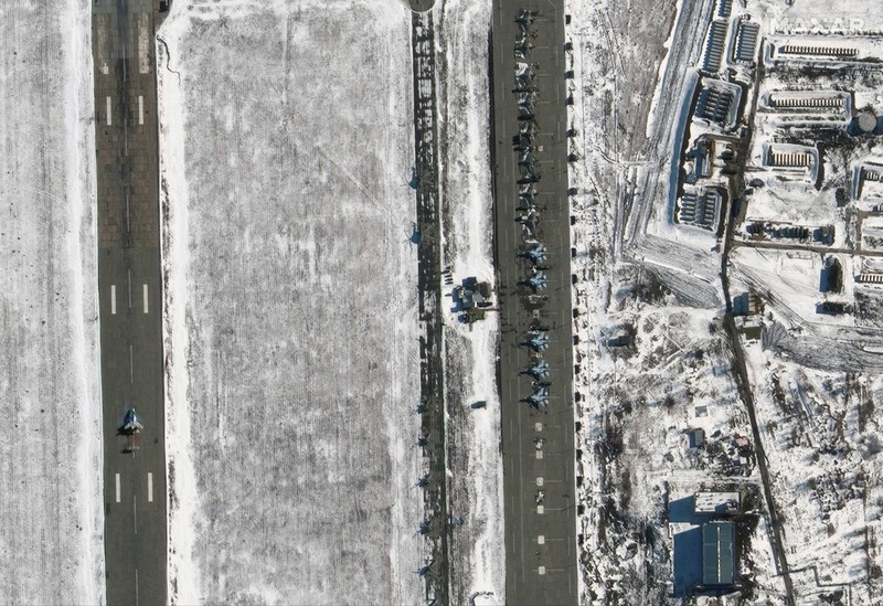 Ukraine Tensions In this Friday, Feb. 18, 2022 satellite imagery provided by Maxar Technologies, a view of su25 aircraft deployments are seen at Millerovo Airfield, Russia (Maxar Technologies via AP)