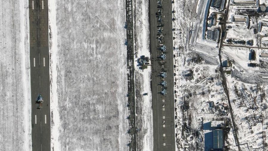 A satellite image shows an overview of helicopter deployments at Valuyki, Russia February 15, 2022. Picture taken February 15, 2022. Maxar Technologies/Handout via REUTERS ATTENTION EDITORS - THIS IMAGE HAS BEEN SUPPLIED BY A THIRD PARTY. NO RESALES. NO ARCHIVES. MANDATORY CREDIT. DO NOT OBSCURE LOGO