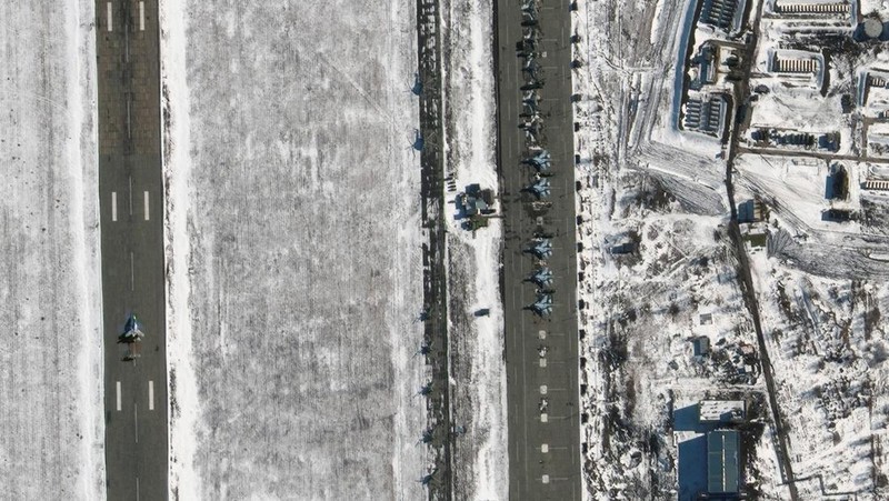 In this Friday, Feb. 18, 2022 satellite imagery provided by Maxar Technologies, a view of su25 aircraft deployments are seen at Millerovo Airfield, Russia (Maxar Technologies via AP)