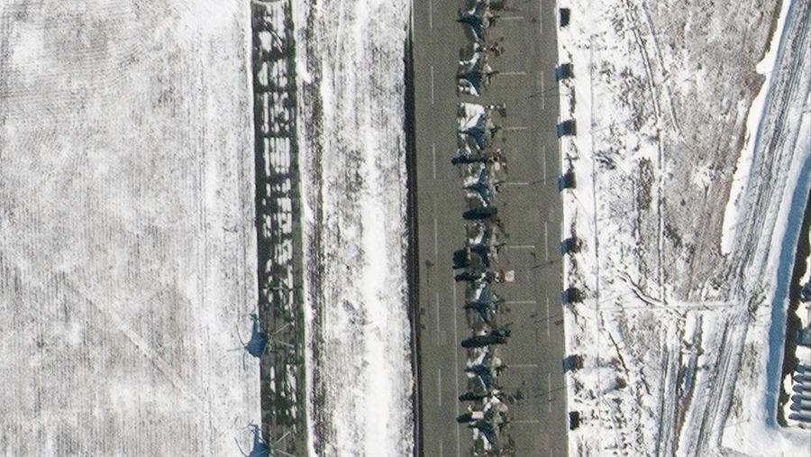 In this Friday, Feb. 18, 2022 satellite imagery provided by Maxar Technologies, a view of su25 aircraft deployments are seen at Millerovo Airfield, Russia (Maxar Technologies via AP)