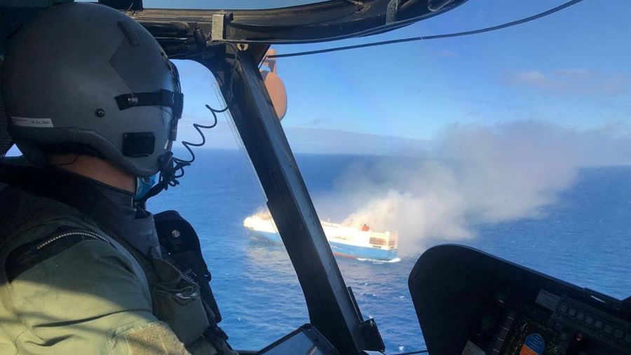 The ship, Felicity Ace, which was traveling from Emden, Germany, where Volkswagen has a factory, to Davisville, in the U.S. state of Rhode Island, burns more than 100 km from the Azores islands, Portugal, February 18, 2022. Portuguese Navy (Marinha Portuguesa)/Handout via REUTERS THIS IMAGE HAS BEEN SUPPLIED BY A THIRD PARTY.