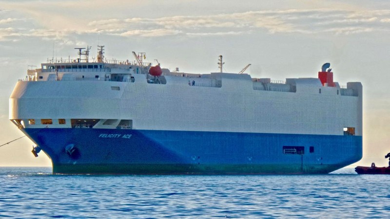 The ship, Felicity Ace, which was traveling from Emden, Germany, where Volkswagen has a factory, to Davisville, in the U.S. state of Rhode Island, burns more than 100 km from the Azores islands, Portugal, February 18, 2022. Portuguese Navy (Marinha Portuguesa)/Handout via REUTERS THIS IMAGE HAS BEEN SUPPLIED BY A THIRD PARTY.