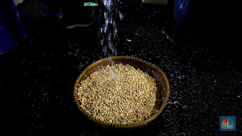 Pekerja memproduksi tahu di pabrik tahu kawasan Duren Tiga, Jakarta Selatan, Rabu (23/2/2022). Usai melakukan melakukan mogok produksi sejak 21 februari kemarin, para perajin tahu di lokasi ini mulai membuat tahu kembali untuk dijual keesokan harinya. (CNBC Indonesia/Andrean Kristianto)