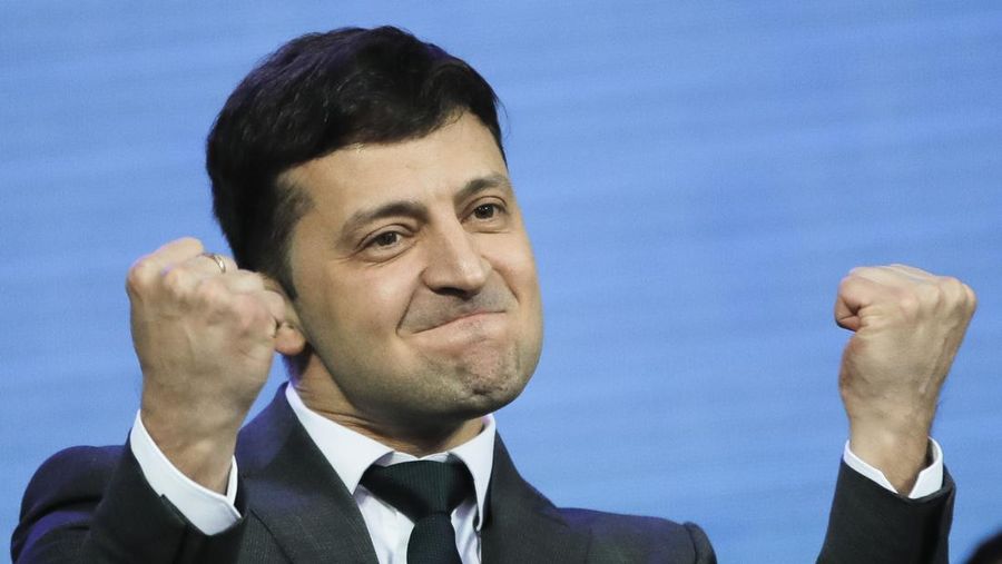 Ukrainian presidential candidate and popular comedian Volodymyr Zelenskiy gestures after the final debate of the electoral campaign with Ukrainian President Petro Poroshenko at the Olympic stadium in Kiev, Ukraine, Friday, April 19, 2019. Friday is the last official day of election canvassing in Ukraine as all presidential candidates and their campaigns will be barred from campaigning on Saturday, the day before the vote. (AP Photo/Vadim Ghirda)