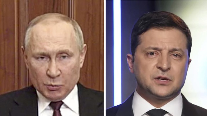 Russia Ukraine Two Speeches Analysis In these frames from Feb. 24, 2022, videos, Russian President Vladimir Putin, left, speaks in Moscow and Ukrainian President Volodymyr Zelenskyy speaks in Kyiv. (Russian Presidential Press Service and Ukrainian Presidential Press Office via AP)