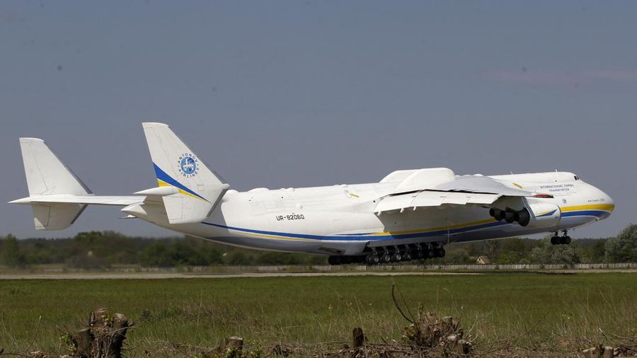 The world's largest airplane, Ukrainian Antonov An-225 Mriya takes off at the  airport  near Hostomel near Kiev , Ukraine, Tuesday, May 10, 2016. The An-225 departed its home base at  Hostomel and flew to Prague, Czech Republic, where it will be loaded with the massive 130-tonne generator and will fly onto Perth, Australia.  (AP Photo/Sergei Chuzavkov)