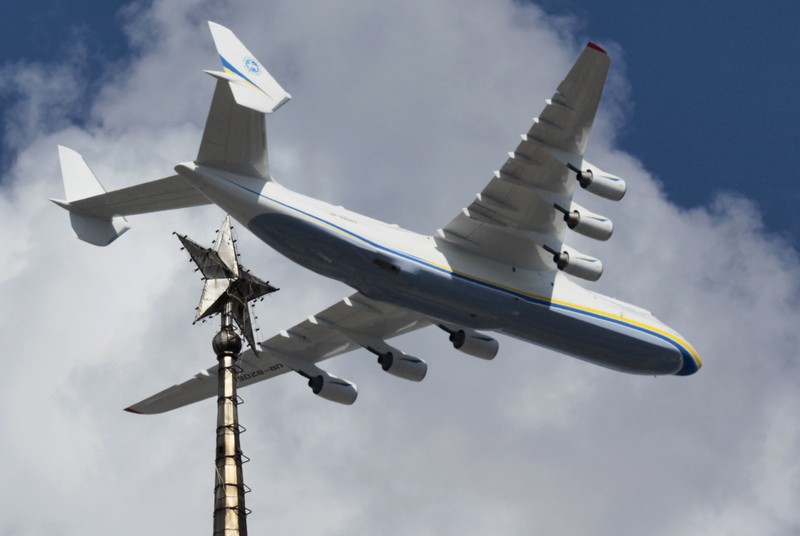 The world's largest airplane, Ukrainian Antonov An-225 Mriya takes off at the  airport  near Hostomel near Kiev , Ukraine, Tuesday, May 10, 2016. The An-225 departed its home base at  Hostomel and flew to Prague, Czech Republic, where it will be loaded with the massive 130-tonne generator and will fly onto Perth, Australia.  (AP Photo/Sergei Chuzavkov)