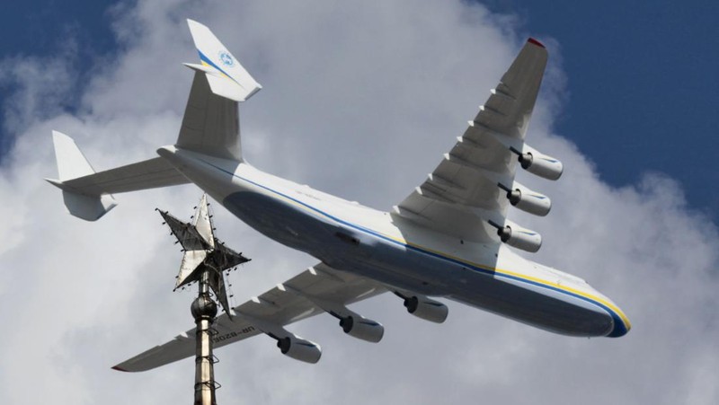 The world's largest airplane, Ukrainian Antonov An-225 Mriya takes off at the  airport  near Hostomel near Kiev , Ukraine, Tuesday, May 10, 2016. The An-225 departed its home base at  Hostomel and flew to Prague, Czech Republic, where it will be loaded with the massive 130-tonne generator and will fly onto Perth, Australia.  (AP Photo/Sergei Chuzavkov)