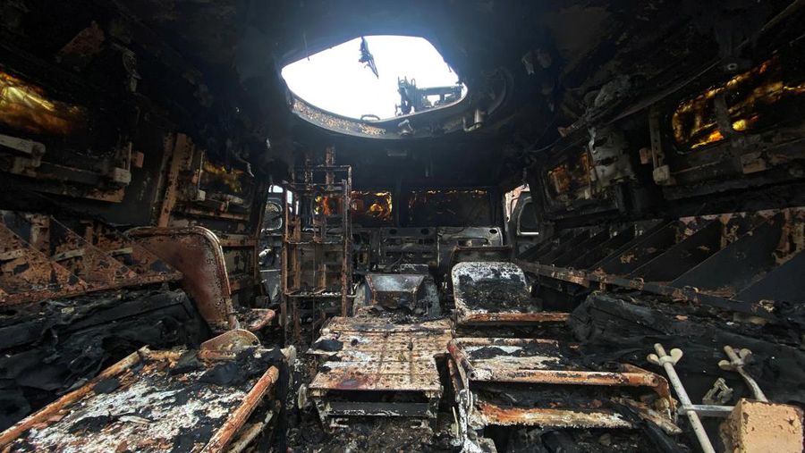 A view shows a destroyed Russian Army all-terrain infantry mobility vehicle Tigr-M (Tiger) on a road in Kharkiv, Ukraine February 28, 2022. REUTERS/Vitaliy Gnidyi