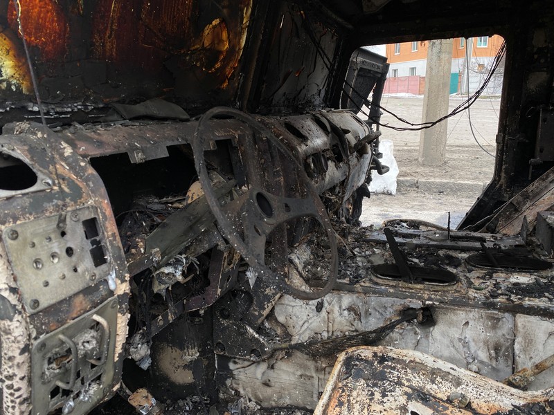 A view shows a destroyed Russian Army all-terrain infantry mobility vehicle Tigr-M (Tiger) on a road in Kharkiv, Ukraine February 28, 2022. REUTERS/Vitaliy Gnidyi