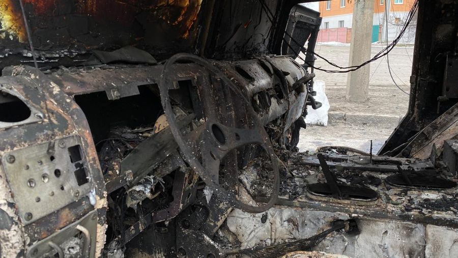A view shows a destroyed Russian Army all-terrain infantry mobility vehicle Tigr-M (Tiger) on a road in Kharkiv, Ukraine February 28, 2022. REUTERS/Vitaliy Gnidyi