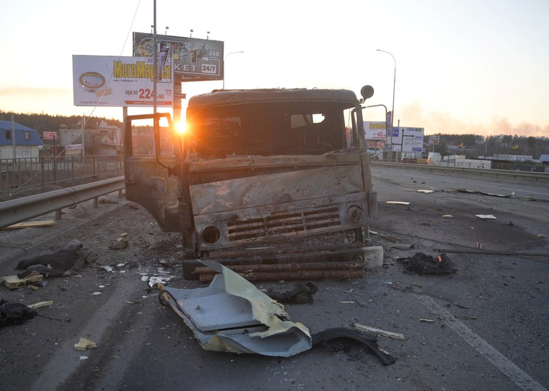 A view shows a destroyed bridge, as Russia's invasion of Ukraine continues, near the town of Bucha in the Kyiv region, Ukraine February 28, 2022. REUTERS/Maksim Levin