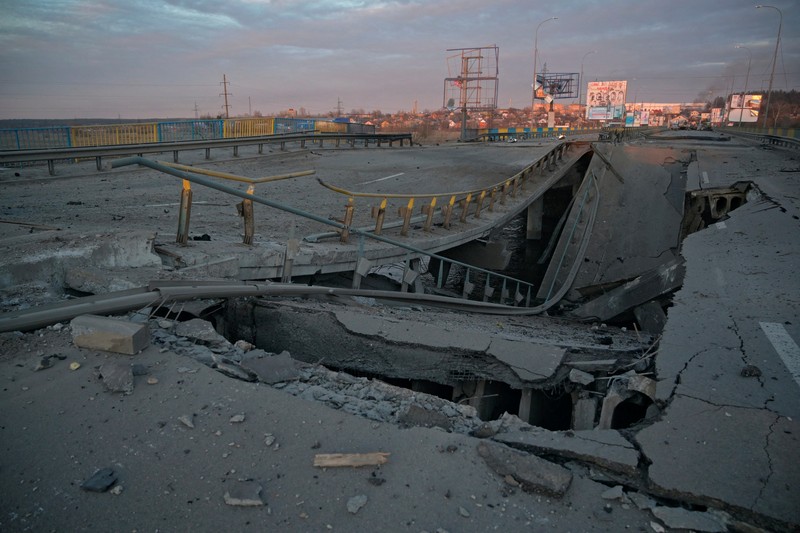 A view shows a destroyed bridge, as Russia's invasion of Ukraine continues, near the town of Bucha in the Kyiv region, Ukraine February 28, 2022. REUTERS/Maksim Levin
