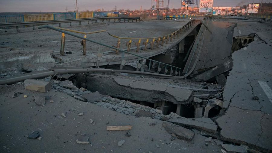 A view shows a destroyed bridge, as Russia's invasion of Ukraine continues, near the town of Bucha in the Kyiv region, Ukraine February 28, 2022. REUTERS/Maksim Levin