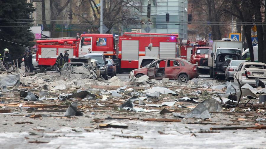 A view shows the area near the regional administration building, which city officials said was hit by a missile attack, in central Kharkiv, Ukraine, March 1, 2022. REUTERS/Vyacheslav Madiyevskyy     TPX IMAGES OF THE DAY